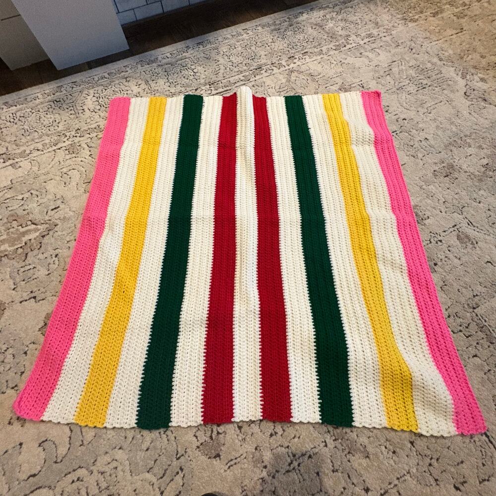 Handmade VTG White Pink Yellow Green Afghan Blanket Soft Retro 34 in x 35 in